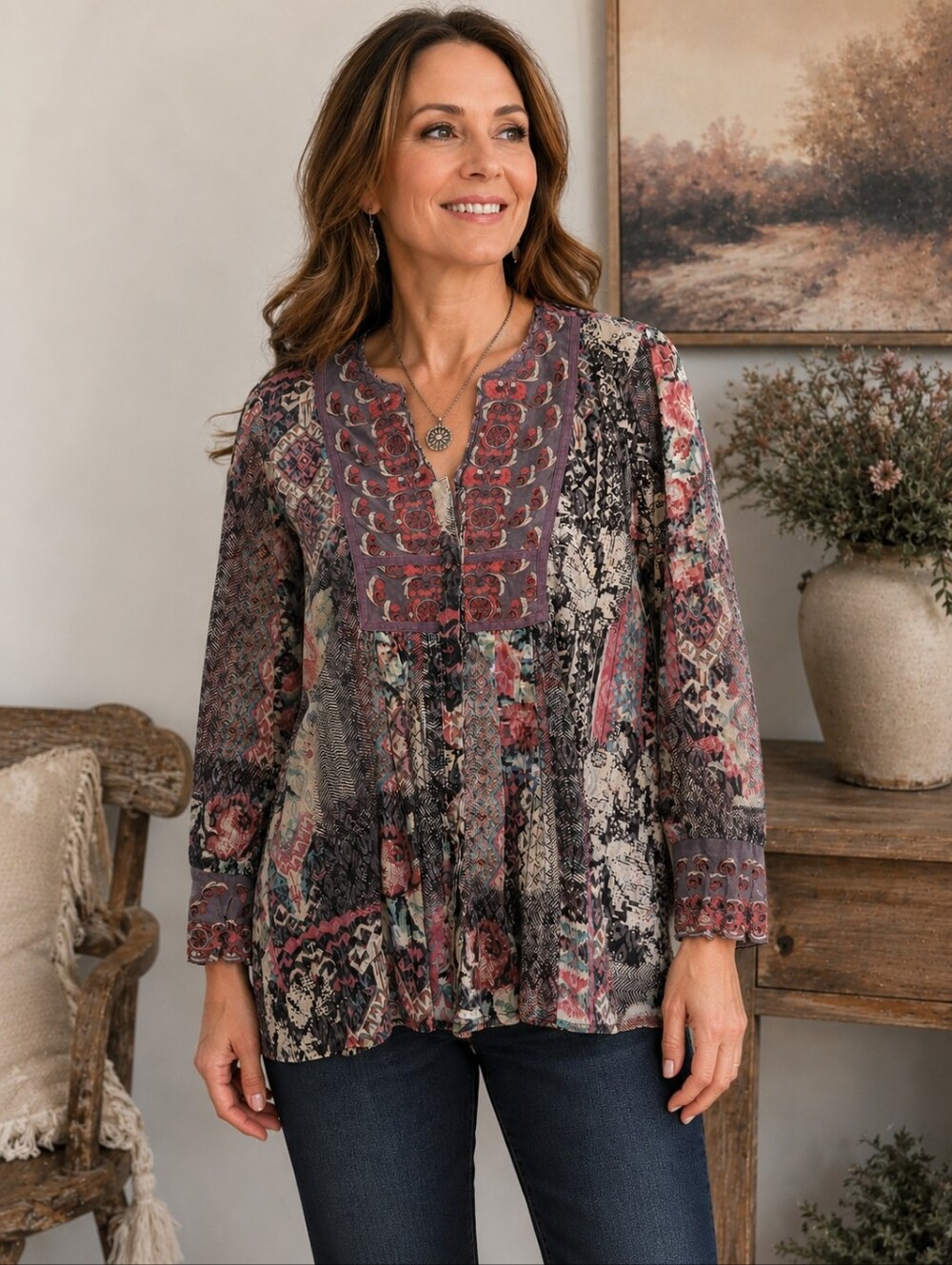 Coldwater Creek Boho Mixed Print Embroidered Tunic Top Medium